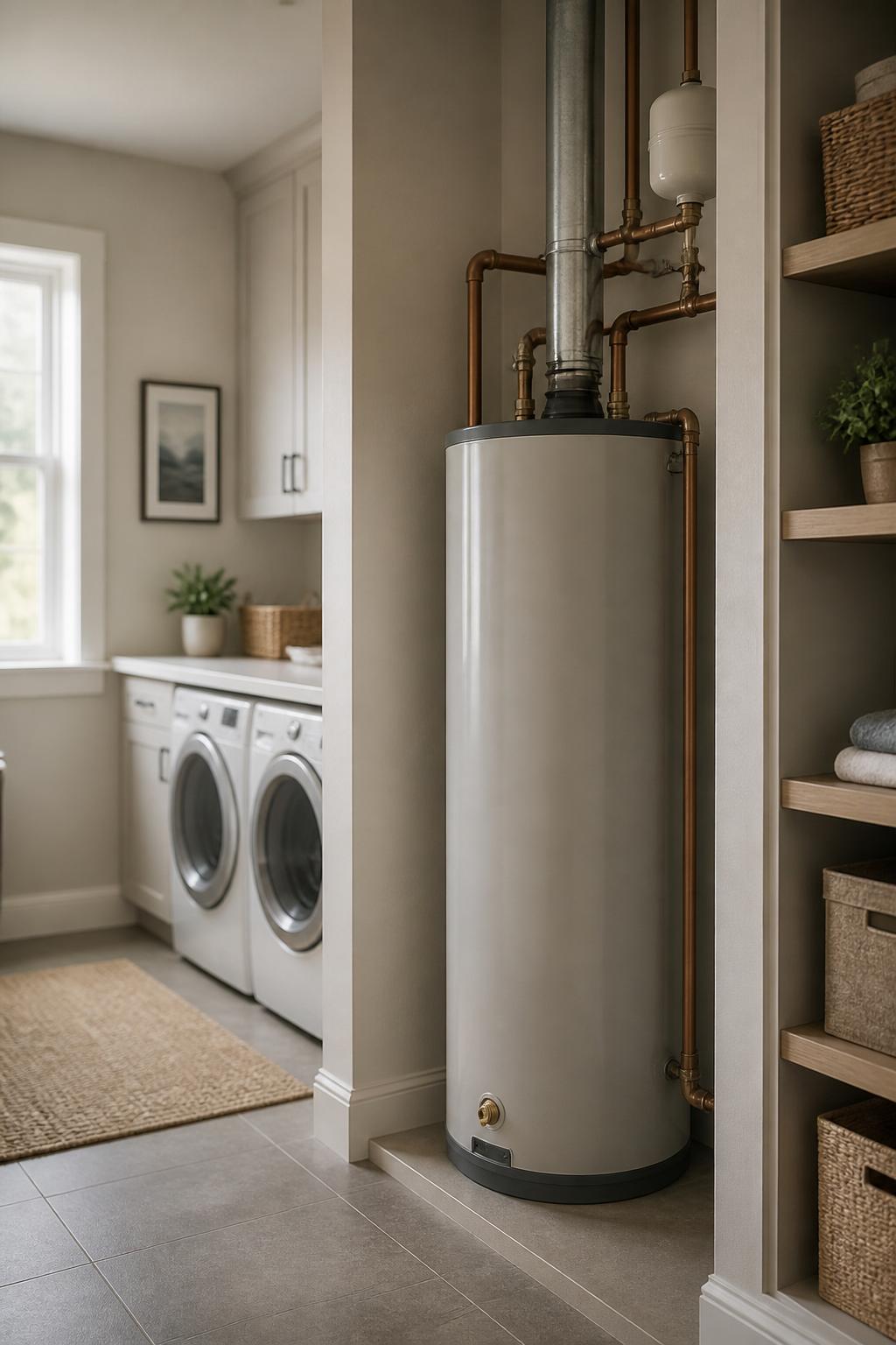 Modern utility room with a neatly installed water heater and clean pipework.