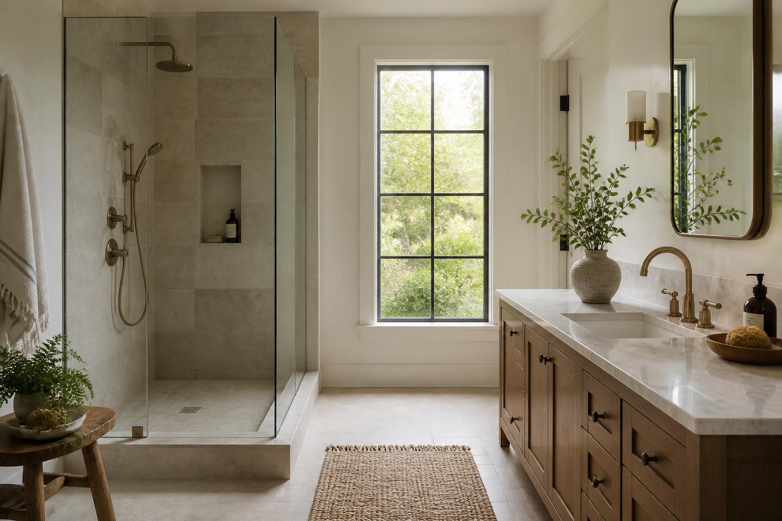 Bright finished bathroom with polished shower fixture and stone vanity.