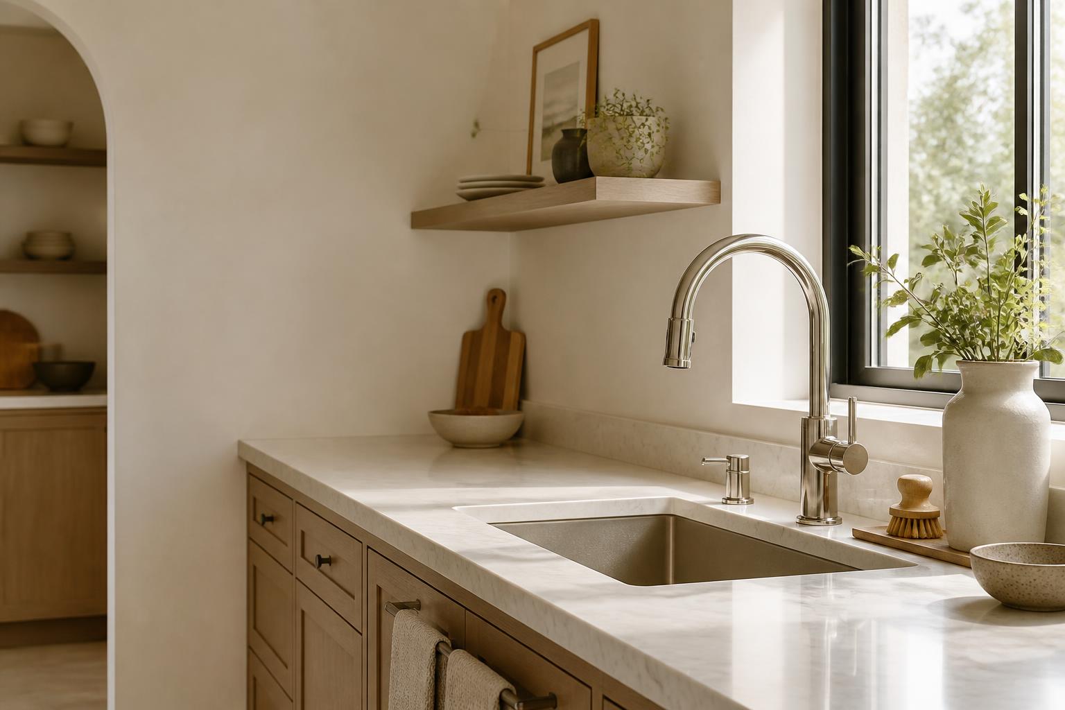 Calm finished kitchen with polished faucet and open space for text.